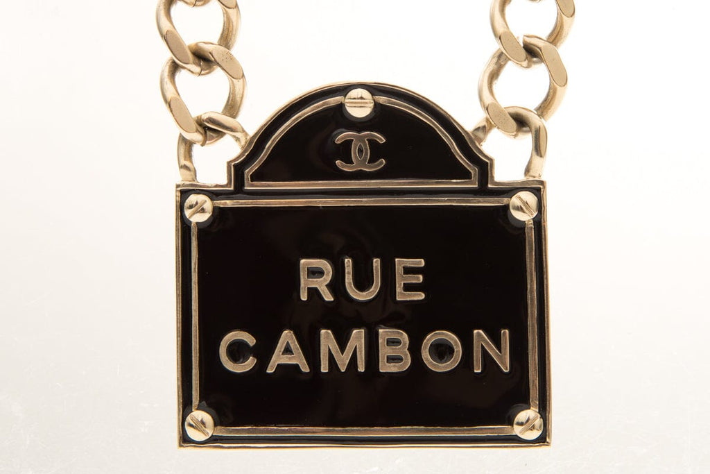 Chanel 2015 Black and Gold Name Plate Rue Cambon Necklace
