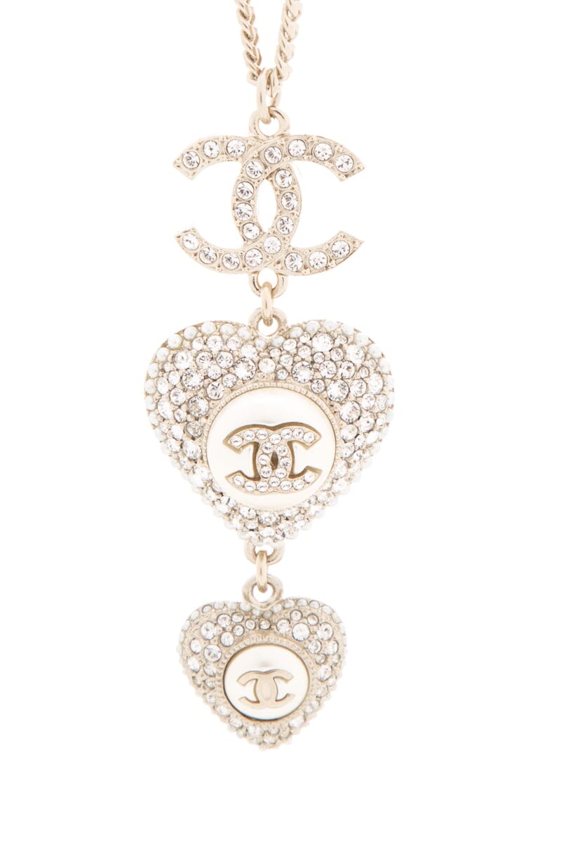 Chanel 2022 Crystal Heart Pendant Long Gold Necklace