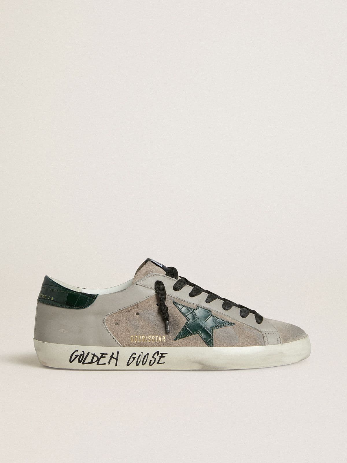 Golden Goose Super-Star Uomo in Nappa e Suede con Stella in Pelle Coccodrillo Verde