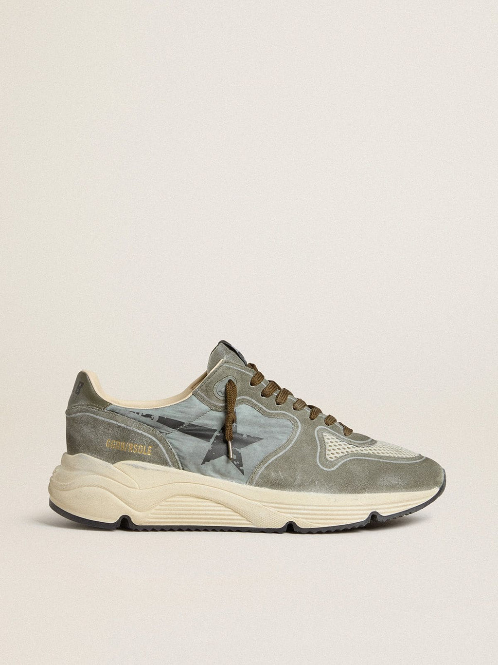 Golden Goose Running Sole Uomo in Nylon Azzurro con Stella Nera e Talloncino in Pelle Verde