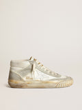 Golden Goose Sneaker Mid Star Uomo con Inserti in Suede Color Grigio Ghiaccio e Stella in Pelle Bianca