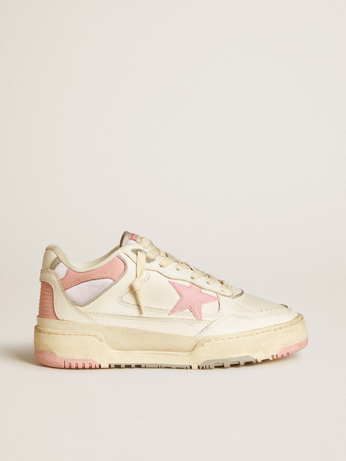 Golden Goose Forty2 Uomo con Stella Rosa e Talloncino in Pelle Bianca