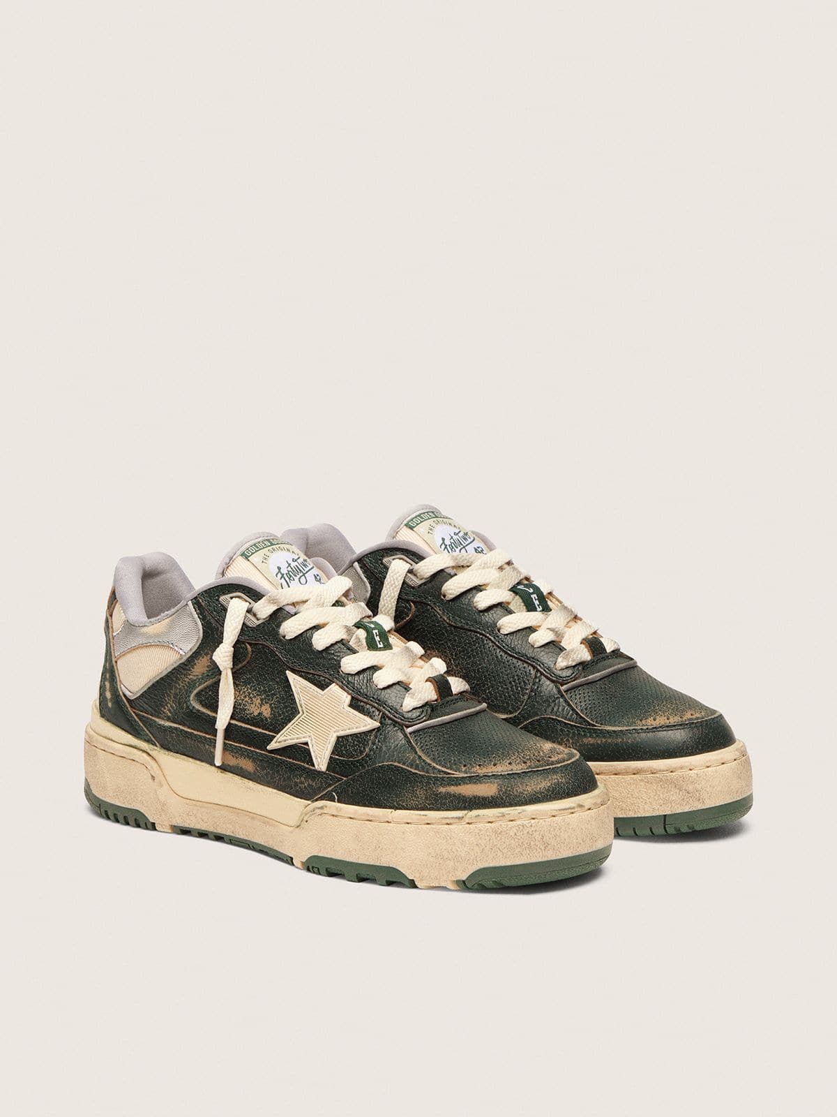 Golden Goose Forty2 Uomo in Pelle Verde e Nylon Crema con Stella in Tpu e Talloncino in Pelle Argento