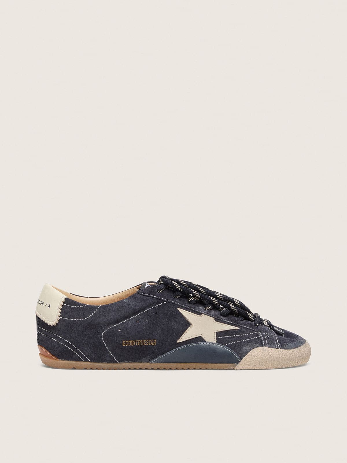 Golden Goose True-Star Uomo in Suede Blu Scuro con Stella e Talloncino in Nappa Bianca