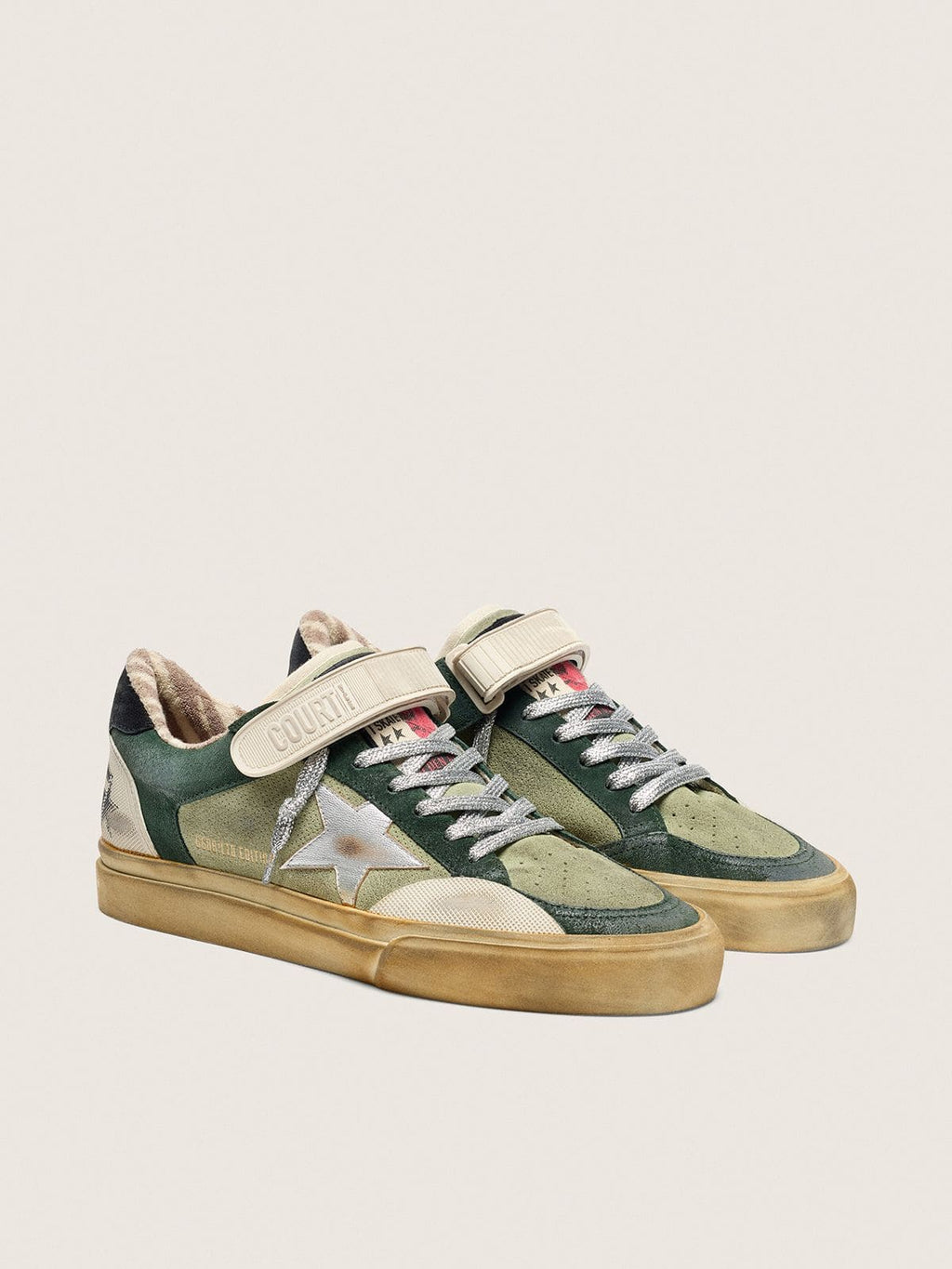 Golden Goose Ball Star Uomo Lab in Suede Verde con Stella in Pelle Argento e Talloncino in Suede Nero