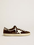 Golden Goose Super-Star Uomo in Velluto Cognac con Stella e Talloncino in Pelle Laminata