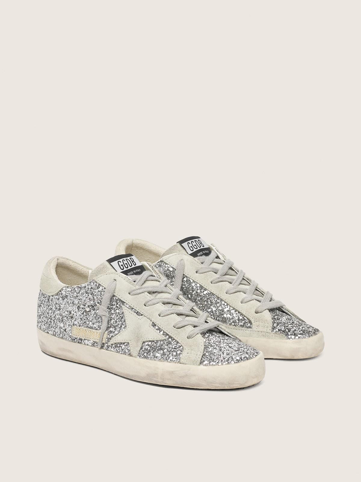 Golden Goose Super-Star Donna in Glitter Argento con Stella in Suede Grigio Ghiaccio