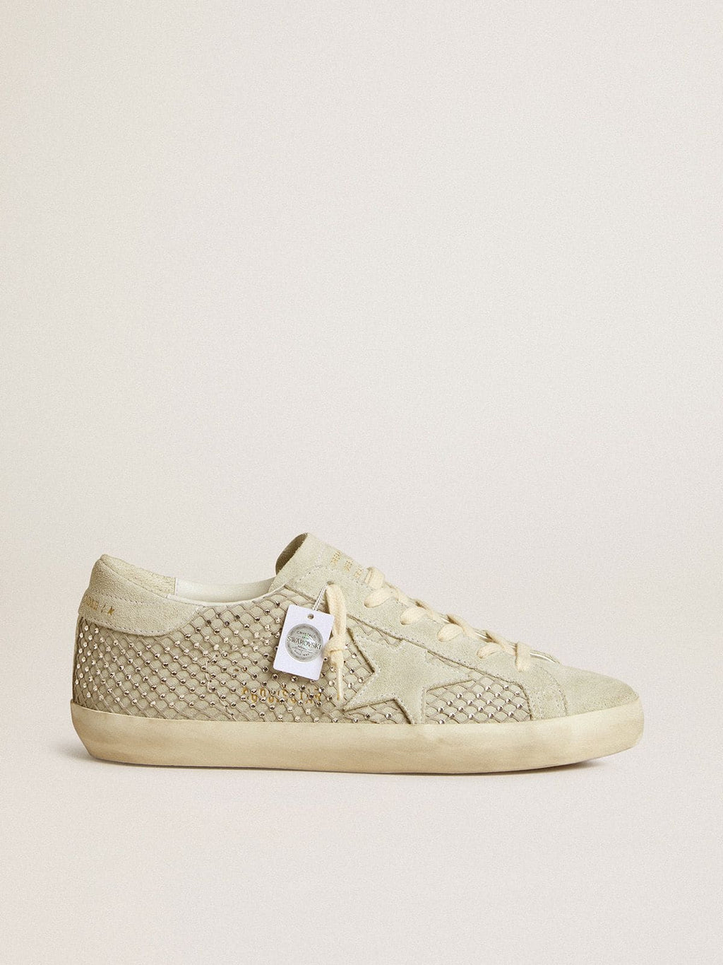 Golden Goose Super-Star Donna con Stella in Suede Grigio e Rete in Cristalli Swarovski