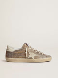 Golden Goose Super-Star in Suede Beige e Cristalli Multicolor con Stella e Talloncino in Pelle Color Panna