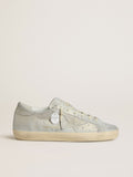 Golden Goose Super-Star Donna Ltd in Suede Platino e Cristalli Swarovski con Stella in Suede Platino