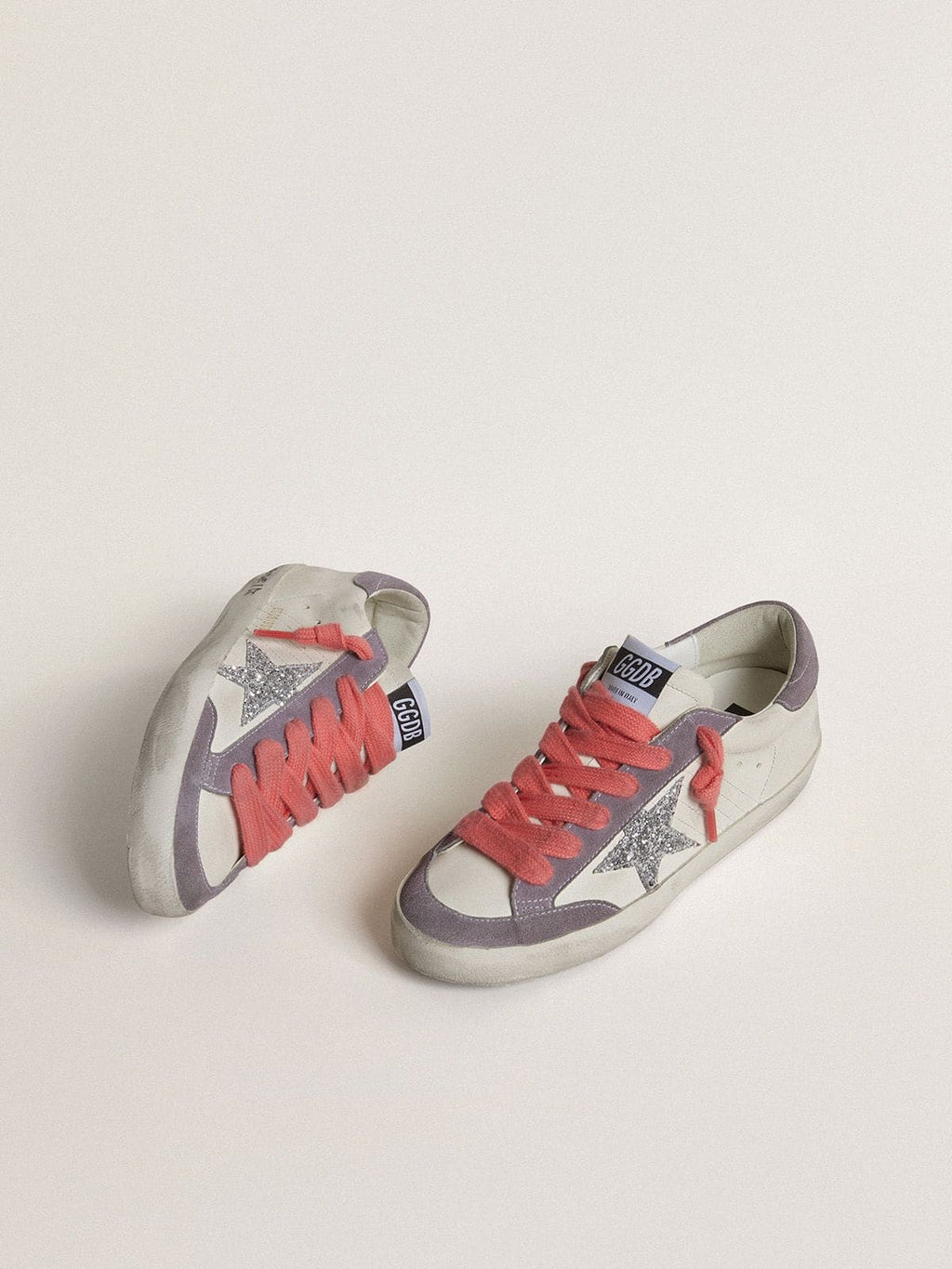 Golden Goose Super-Star Donna con Stella in Glitter Argento e Talloncino in Suede Lilla
