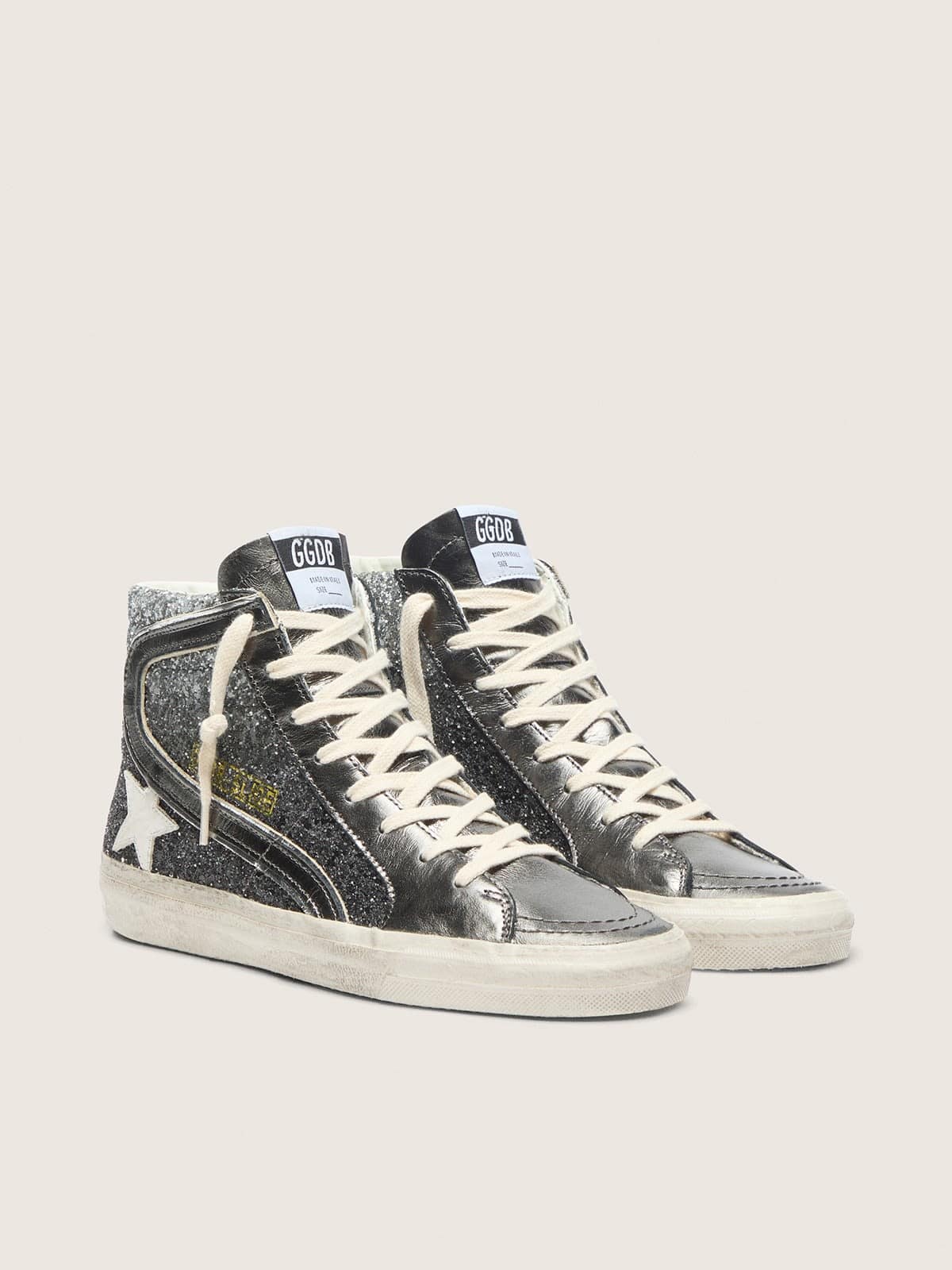 Golden Goose Slide Donna in Glitter Neri e Argento con Stella in Pelle e Virgola Laminata