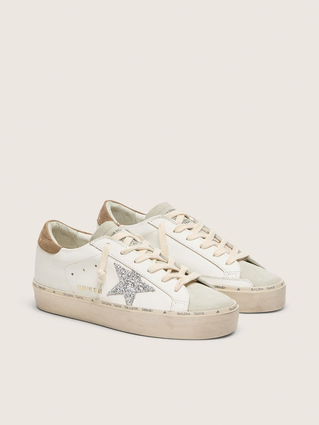 Golden Goose Hi Star Donna con Stella in Glitter Argento e Talloncino in Nabuk Tortora
