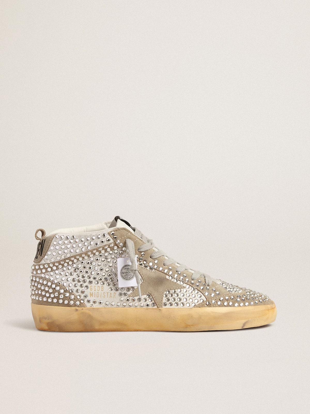 Golden Goose Mid Star Donna in Suede Bianco e Tortora con Cristalli Swarovski
