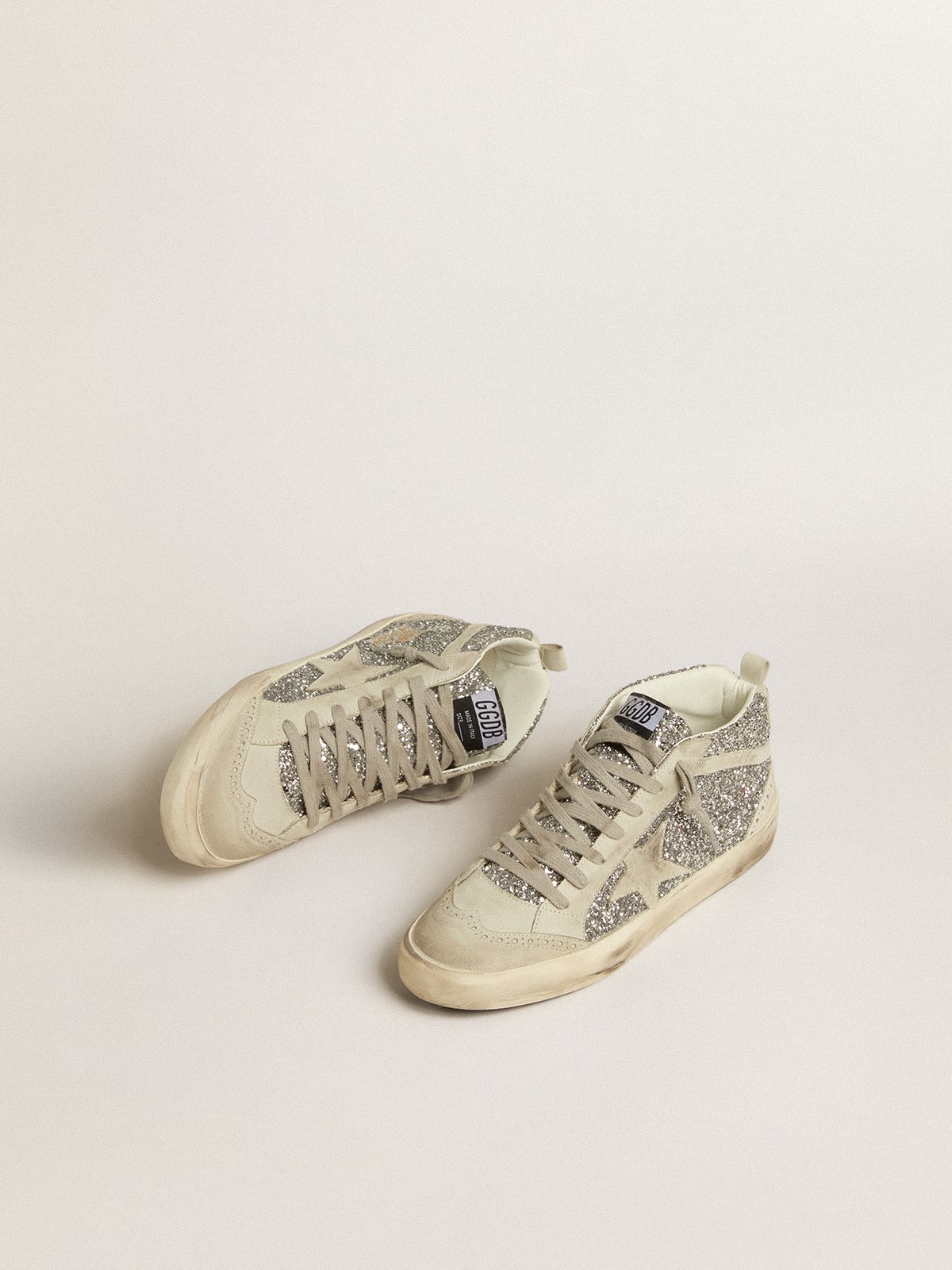 Golden Goose Mid Star in Glitter Argento con Stella e Virgola in Suede Ghiaccio