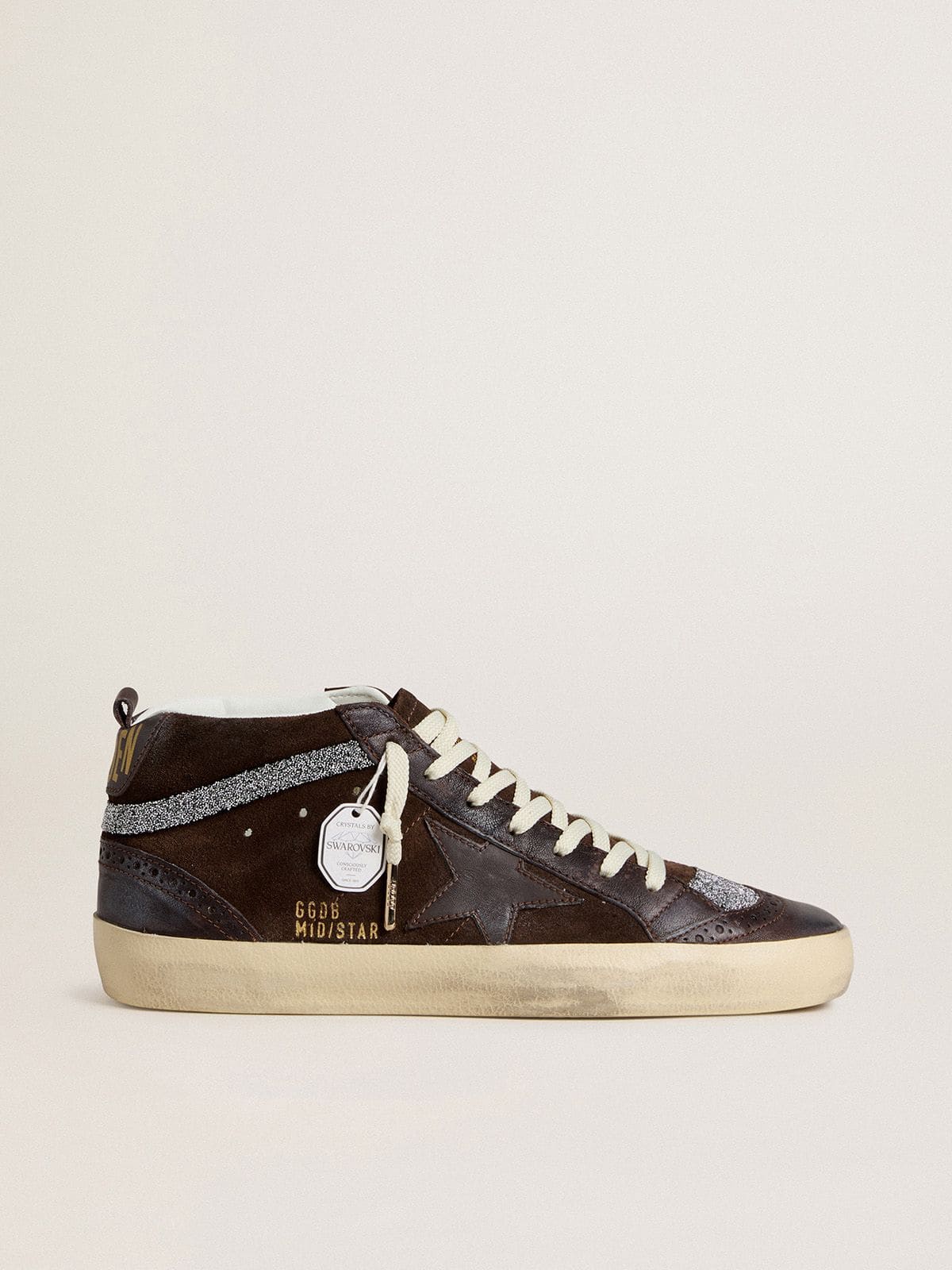 Golden Goose Mid Star Donna in Suede Marrone con Stella in Pelle e Virgola in Cristalli Swarovski