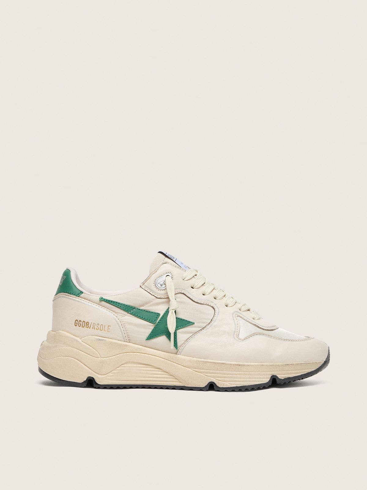 Golden Goose Running Sole Donna in Nylon e Pelle Crema con Stella in Pelle Verde