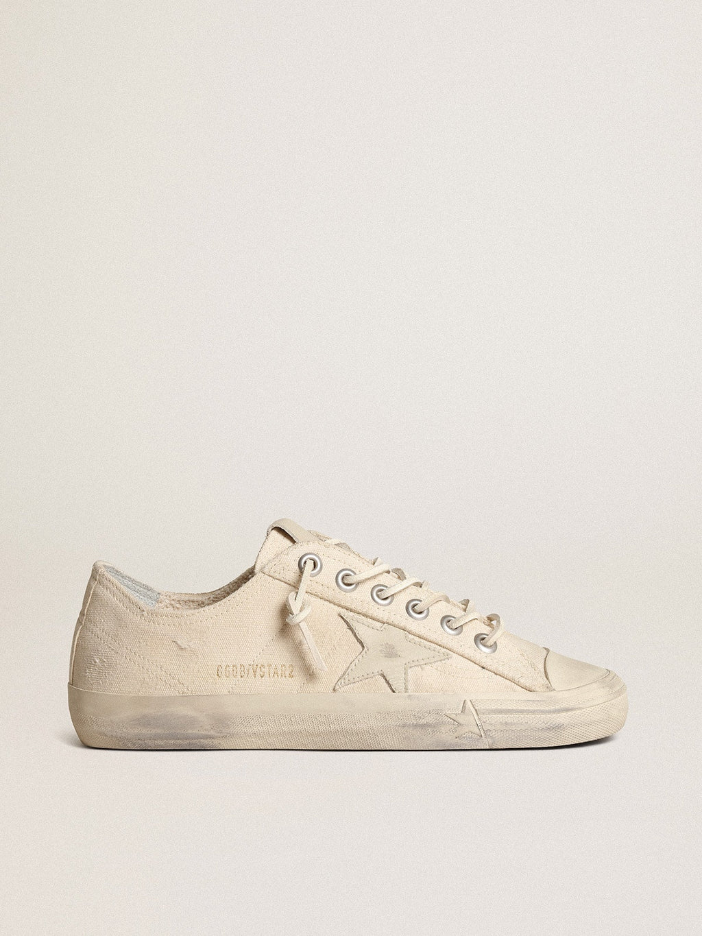Golden Goose V Star in Canvas Color Bianco Panna con Stella in Pelle Color Bianco Latte