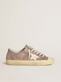 Golden Goose V Star Donna in Suede Laminato Marrone Chiaro con Stella in Pelle Crema