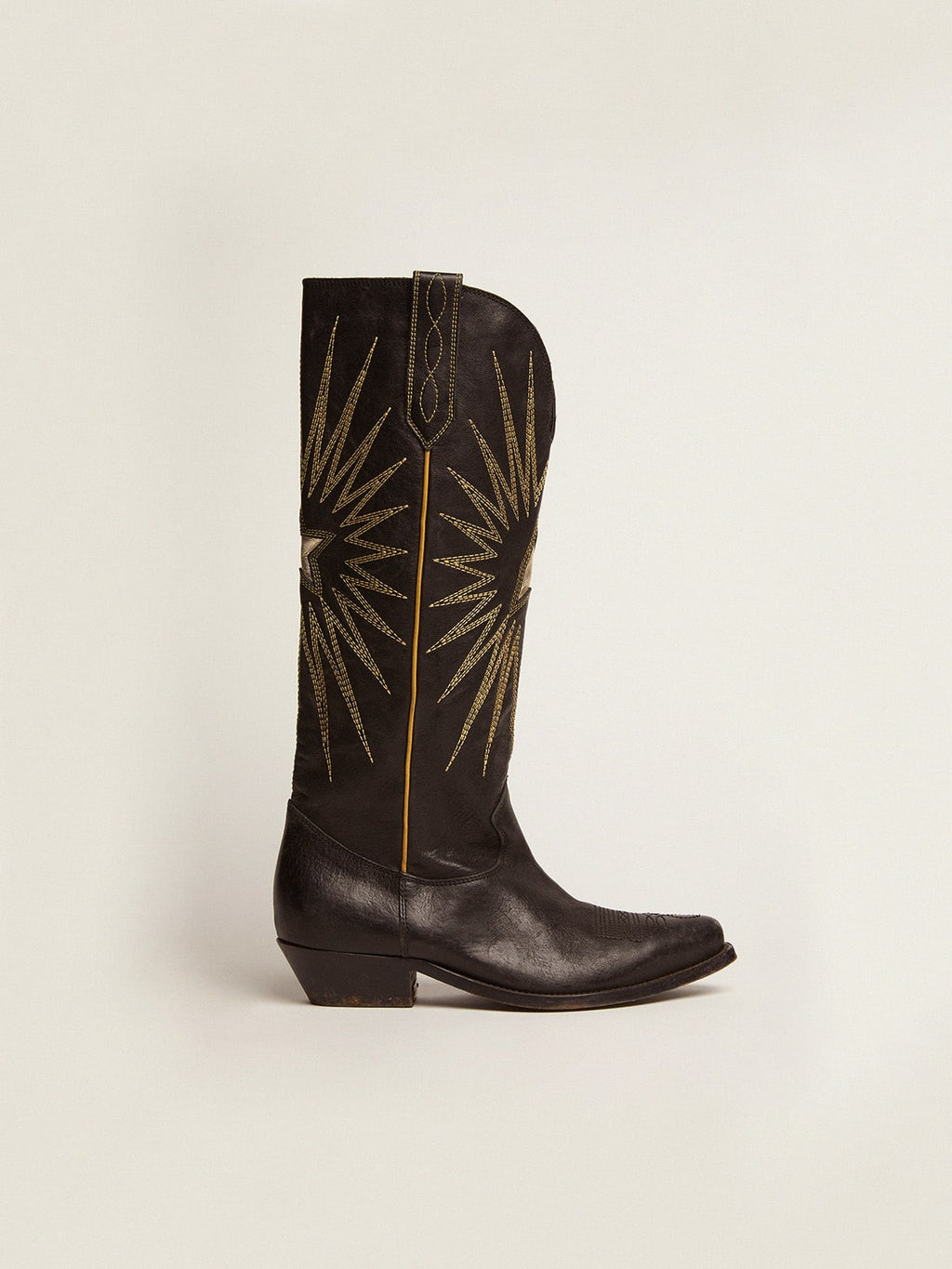 Golden Goose Stivali Wish Star in Pelle Nera con Stella a Intarsio in Pelle Laminata Color Platino
