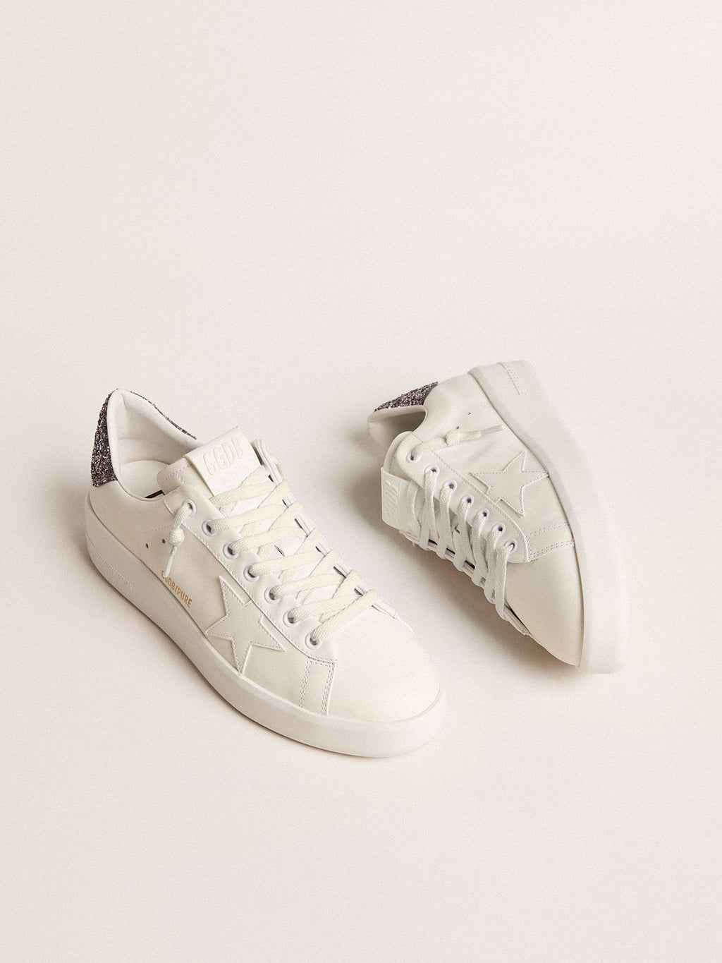 Golden Goose Purestar Donna con Stella in Pelle Bianca e Talloncino in Glitter Antracite