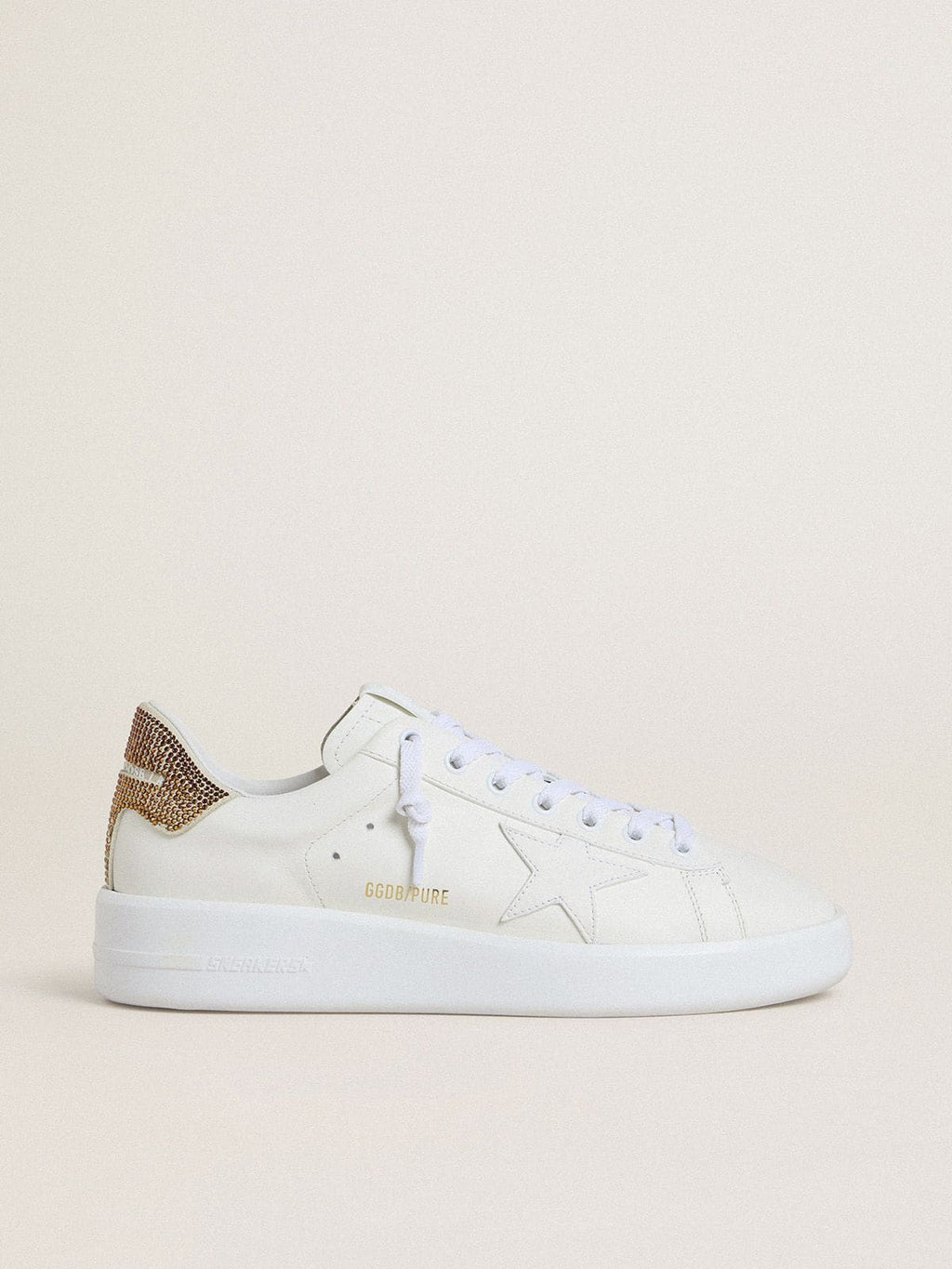 Golden Goose Purestar Donna con Stella in Pelle Bianca e Talloncino con Cristalli Marroni