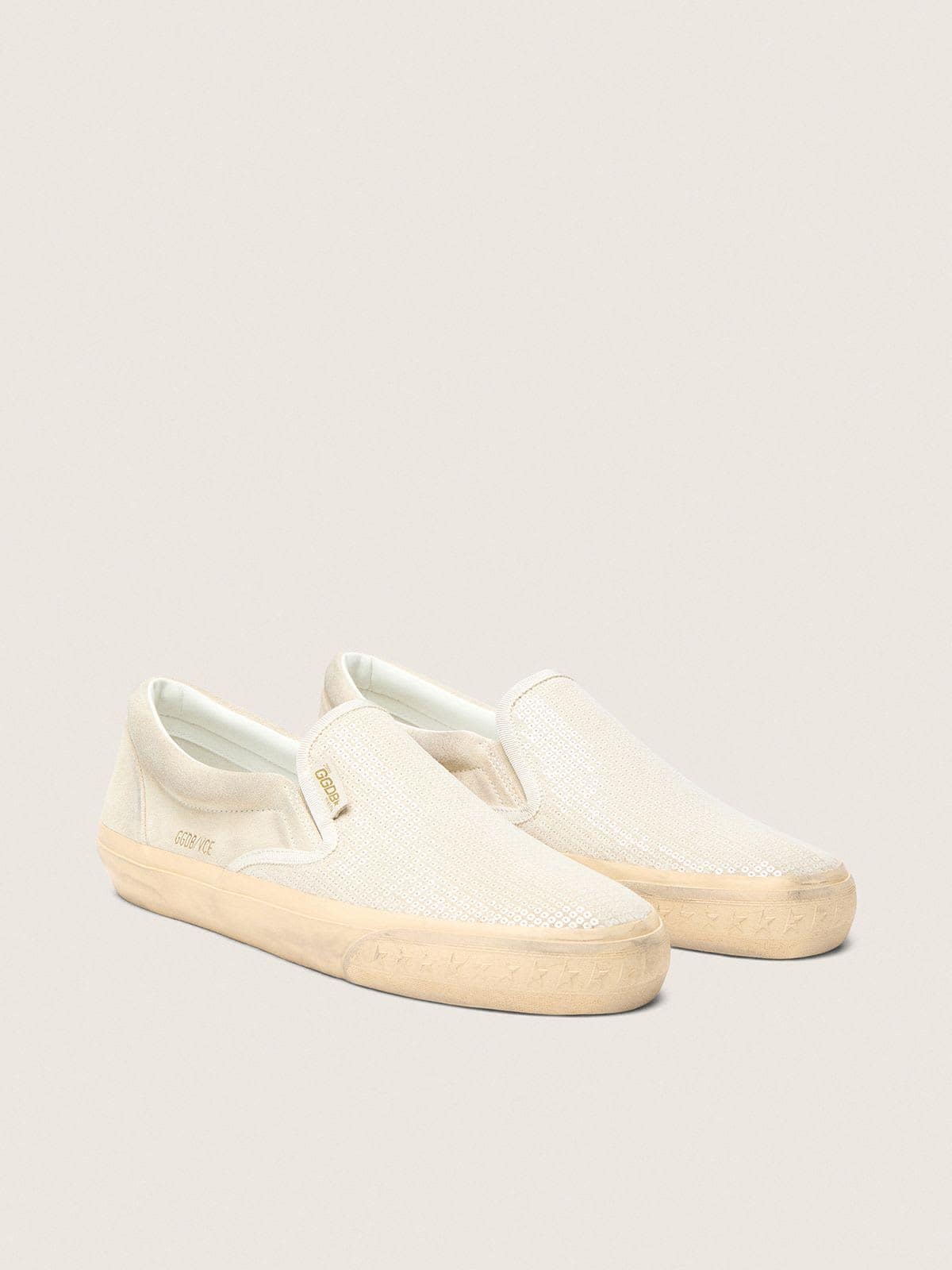Golden Goose Vce Penstar Donna in Suede Beige e Pailletes Color Perla