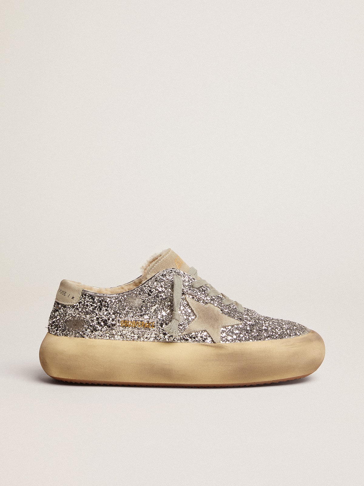 Golden Goose Scarpe Space Star Donna in Glitter Argento e Fodera in Shearling