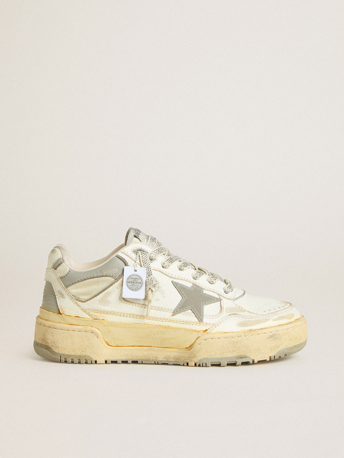 Golden Goose Forty2 Donna in Pelle Bianca e Lacci con Cristalli Swarovski e Stella Grigia