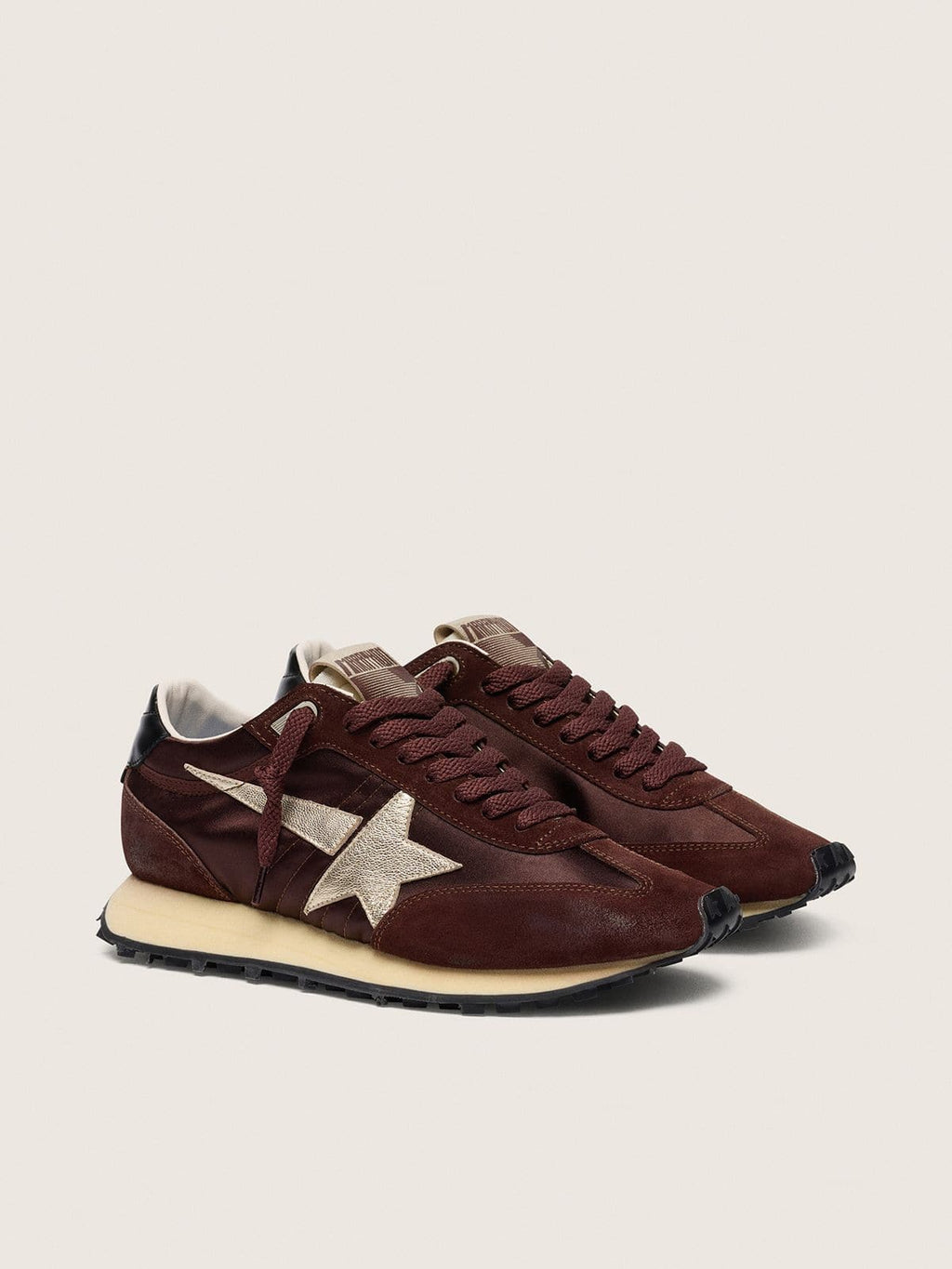 Golden Goose Marathon Donna con Tomaia in Satin Color Marrone e Stella in Pelle Platino