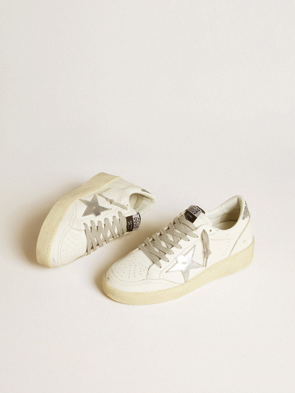 Golden Goose Ball Star Donna con Stella in Pelle Argento e Talloncino in Glitter Argento