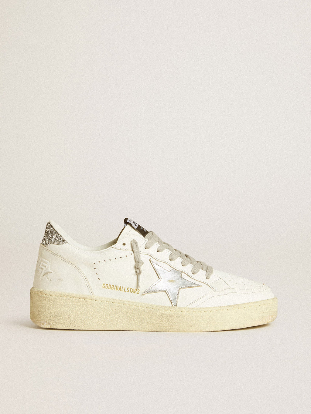 Golden Goose Ball Star Donna con Stella in Pelle Argento e Talloncino in Glitter Argento