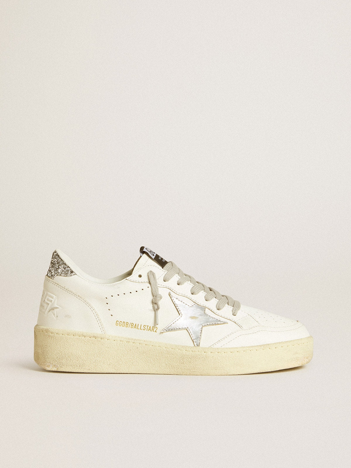 Golden Goose Ball Star Donna con Stella in Pelle Argento e Talloncino in Glitter Argento