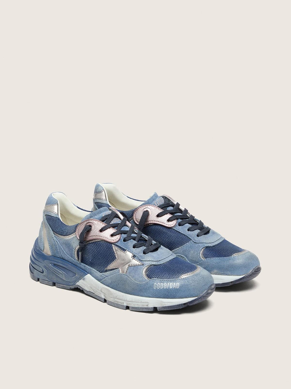 Golden Goose Dad Star Donna in Suede Blu Denim con Stella in Pelle Argento