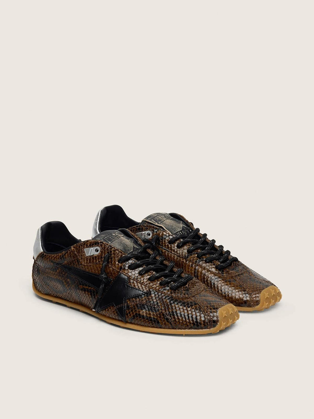 Golden Goose Marathon Speed Donna in Pelle con Stampa Pitonata Marrone con Stella Nera e Talloncino in Pelle Argento