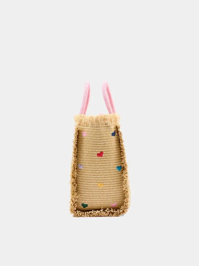 Borsa Mini Vanity in raffia con ricami cuori