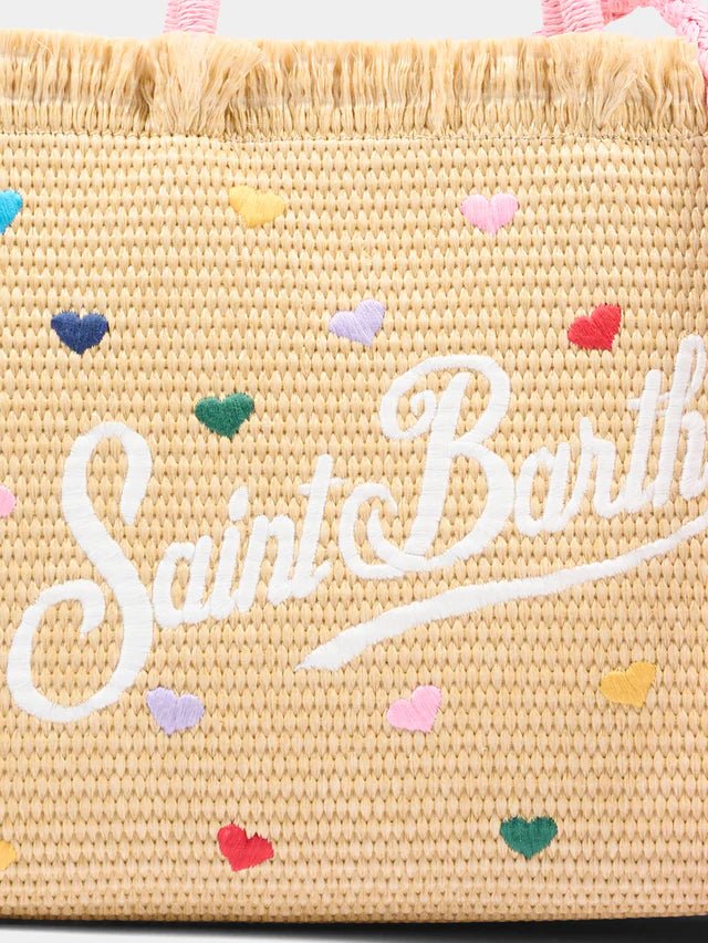 Borsa Mini Vanity in raffia con ricami cuori