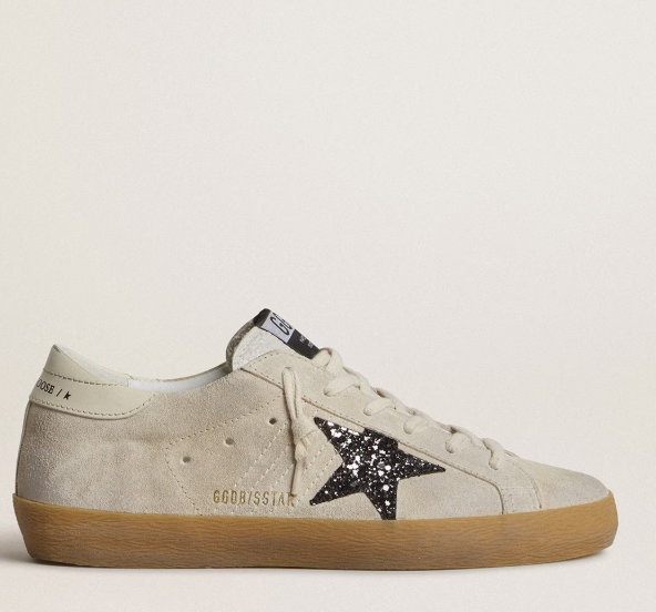 Super-Star Donna in suede grigio ghiaccio con stella in glitter argento e talloncino in pelle