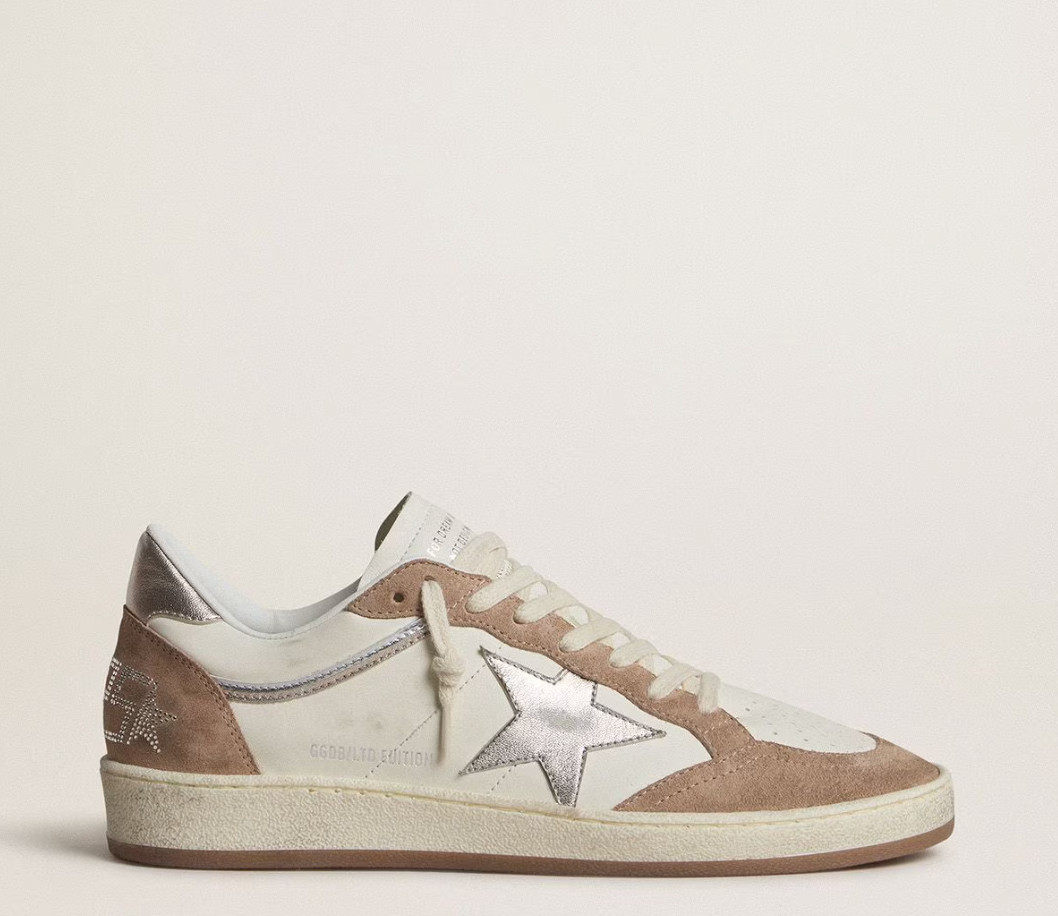 Ball Star LTD in nappa bianca e suede rosa antico con stella e talloncino in pelle laminata argento
