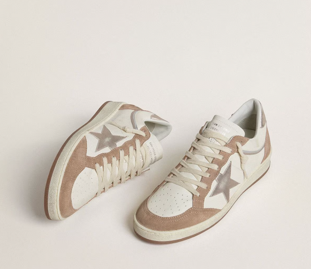 Ball Star LTD in nappa bianca e suede rosa antico con stella e talloncino in pelle laminata argento