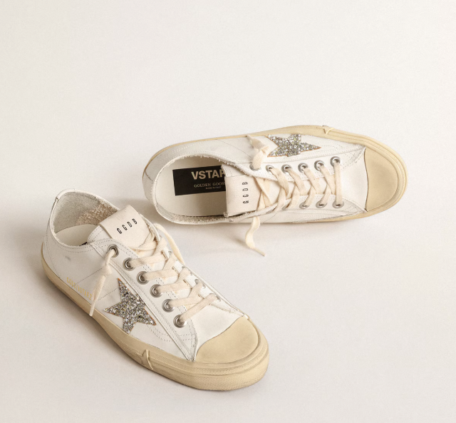 V-Star in pelle bianca con stella in glitter color platino