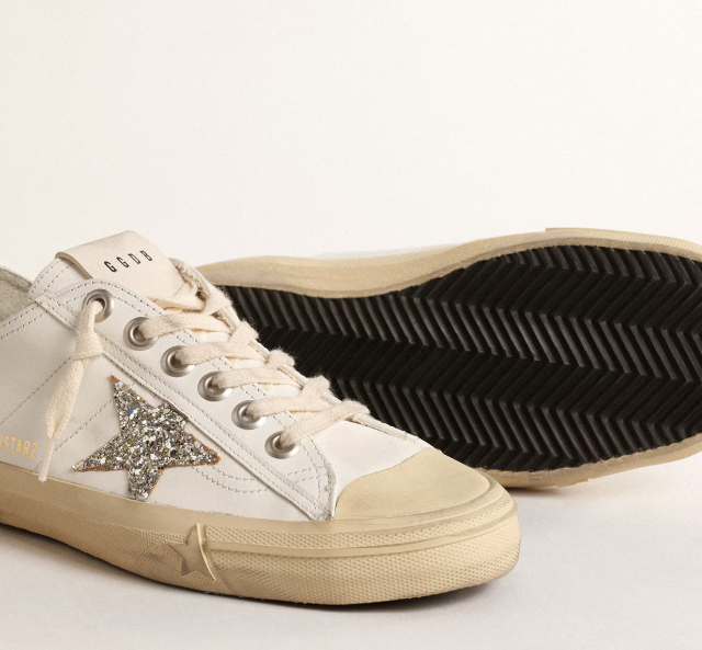V-Star in pelle bianca con stella in glitter color platino