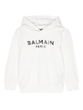 Felpa con cappuccio e stampa logo in vernice per bambino Balmain Kids bianco con maniche lunghe – Accessorio premium elegante