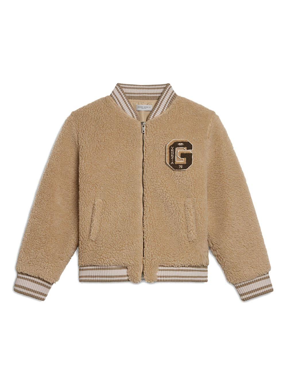 Bomber per bambina Golden Goose Kids beige con applicazione logo sul petto