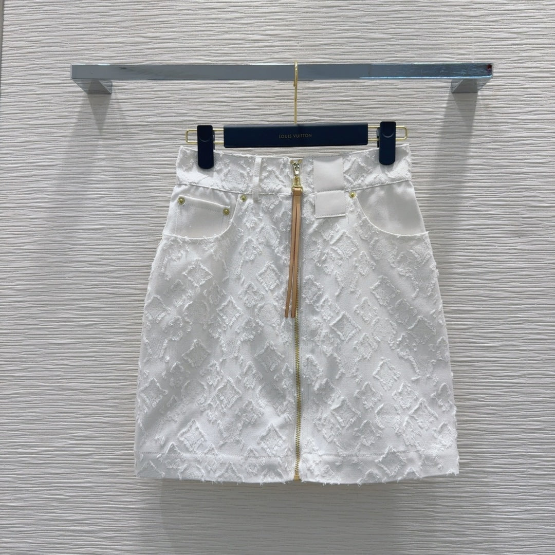 LV 25S Monograw Jacquard Fabric Skirt White Cotton – Accessorio premium elegante