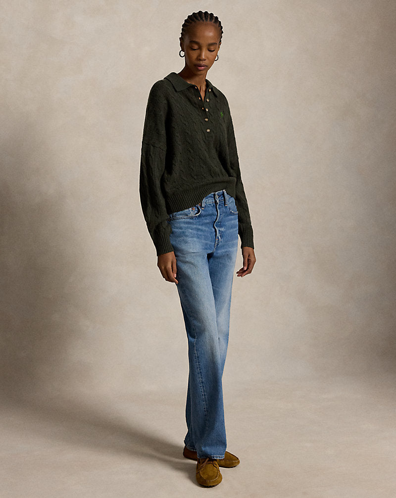Maglia in lana e cashmere con collo polo — Oliva mélange