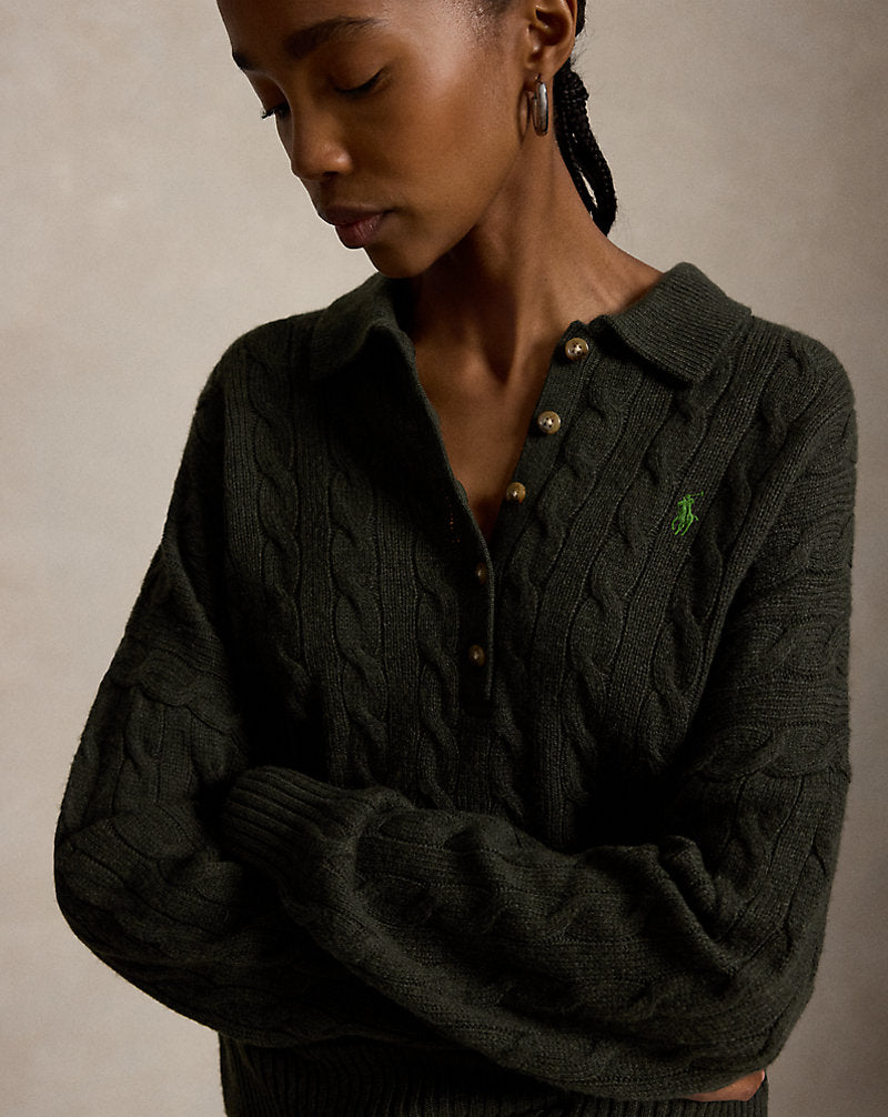 Maglia in lana e cashmere con collo polo — Oliva mélange