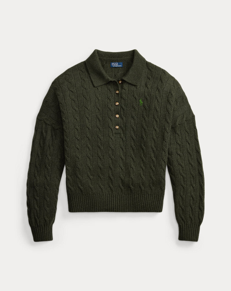 Maglia in lana e cashmere con collo polo — Oliva mélange