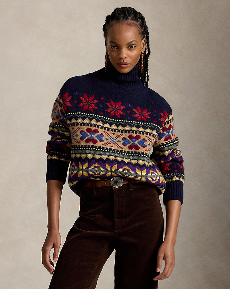 Maglia dolcevita in lana e cashmere — Blu navy multicolore