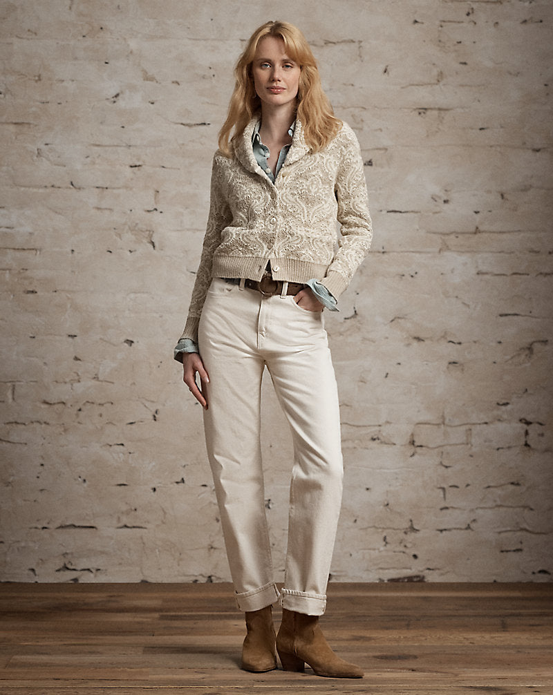 Cardigan in maglia jacquard a fiori — Naturale/Panna